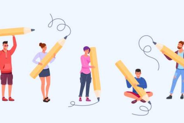 People large pencil. Funny young students holding writing or painting of giant pencil, person education concept guy and girl characters with school stationery vector illustration of education and work